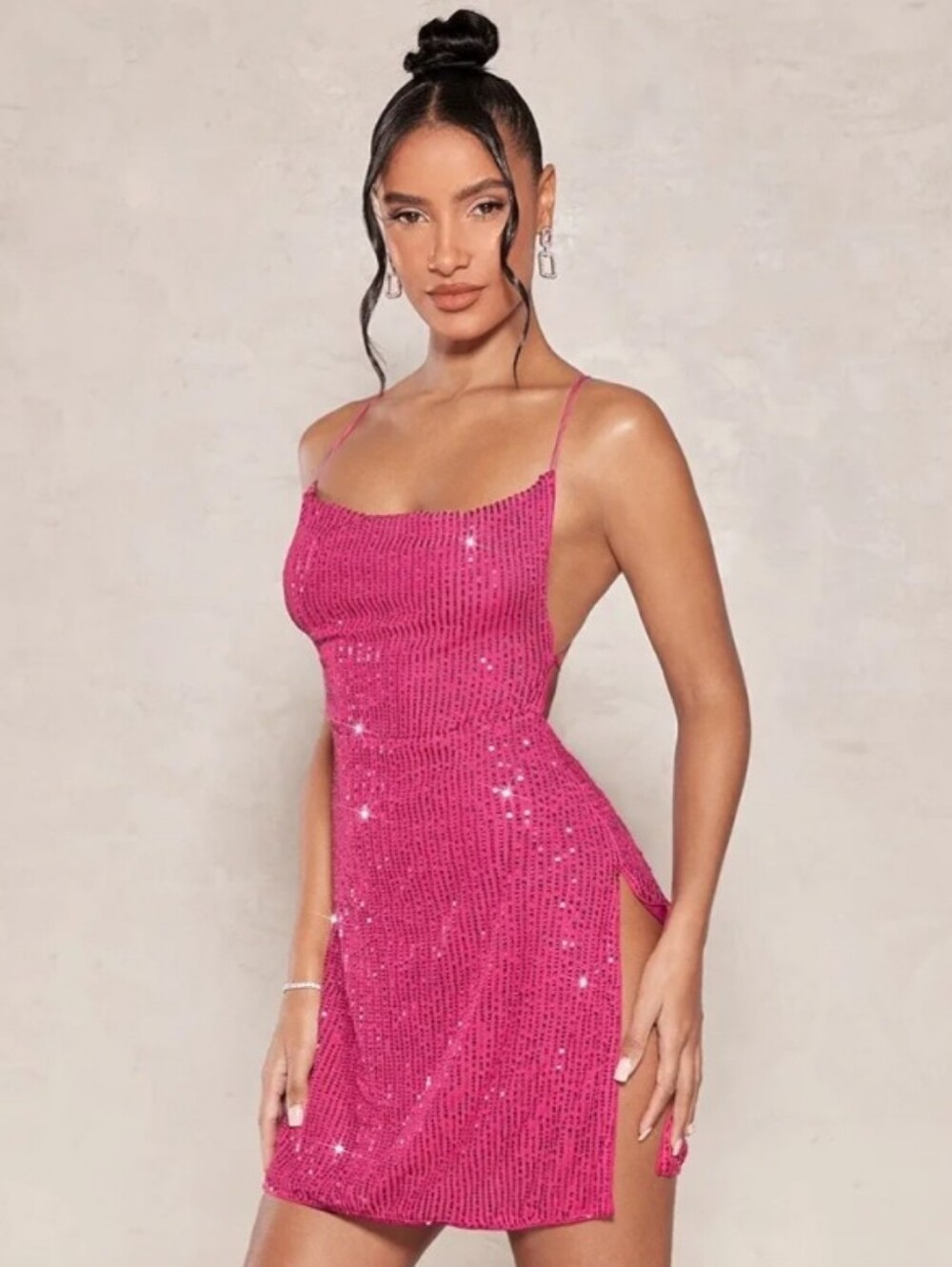 Hot Pink Sequin Slip Split Thigh Crisscross Backless Dress, Size Small (S)